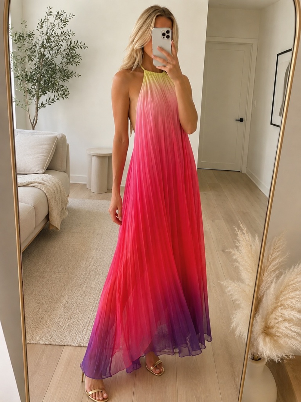 NWT Pink Ombre Pleated Halter Maxi Dress Small